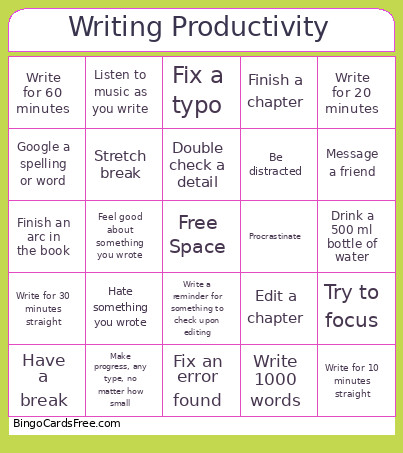 Writing Productivity Bingo Card