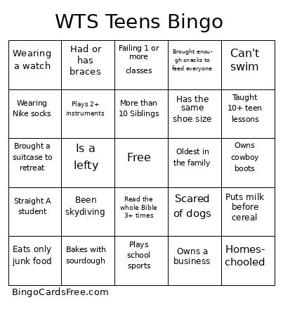 WTS Teens Bingo Cards Free Pdf Printable Game, Title: WTS Teens Bingo