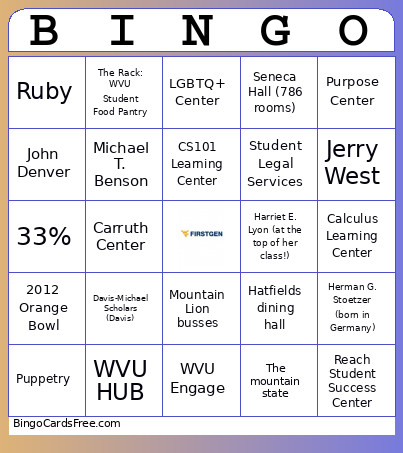 WVU Firstgen Bingo Card