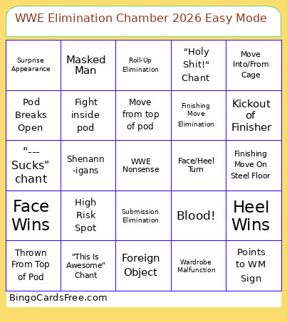 WWE Elimination Chamber 2026 Easy Mode Bingo Card