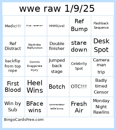 Wwe Raw 1/9/25 Bingo Card