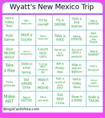Wyatt's New Mexico Trip Bingo Card