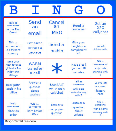X2O Bingo Card
