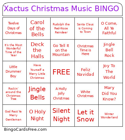 Xactus Christmas Music Bingo Card