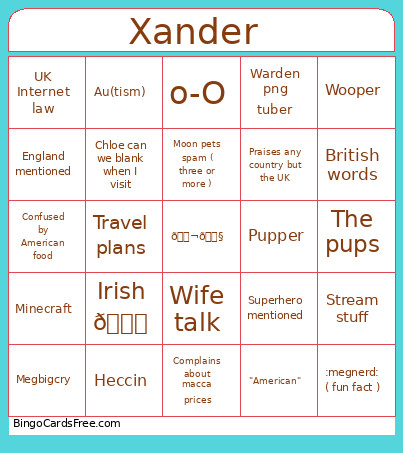 Xander Bingo Card