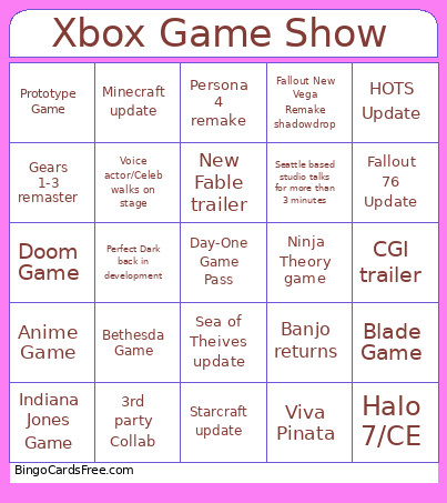 Xbox Game Show Bingo Card