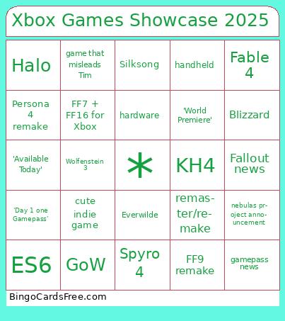 Xbox Games Showcase 2025 Bingo