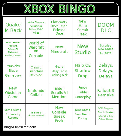 Xbox Games Showcase Bingo Card