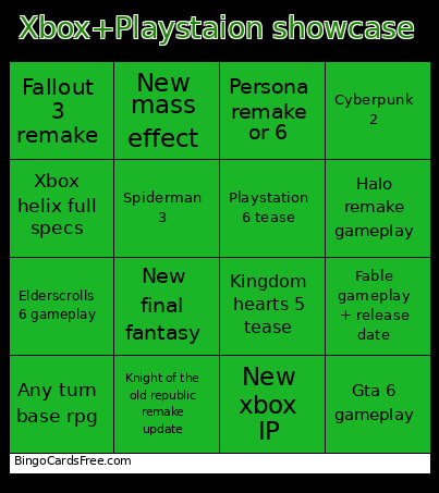 Xbox+Playstaion Showcase Bingo Card