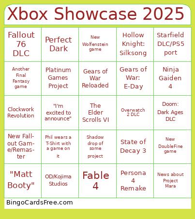 Xbox Showcase 2025 Bingo
