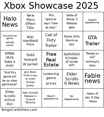 Xbox Showcase 2025 Bingo