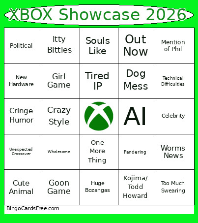 XBOX Showcase 2026 Bingo Card