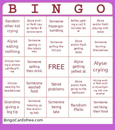 Xchyler Graduation Dinner Bingo