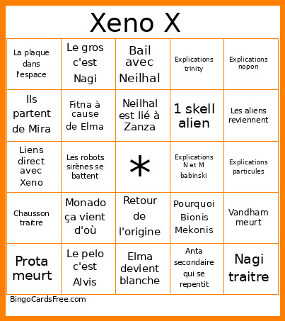 Xeno X Bingo Card
