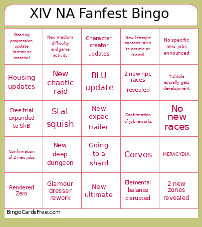 XIV NA Fanfest Bingo Card