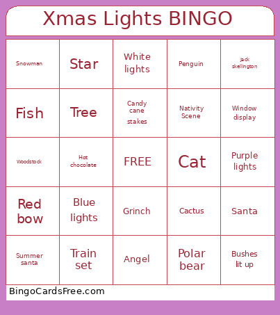 Xmas Lights Bingo Card