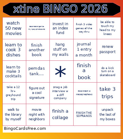Xtine 2026 Bingo Card