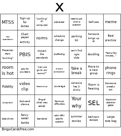 Xxxxx Bingo Card