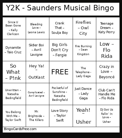 Y2K - Saunders Musical Bingo Card