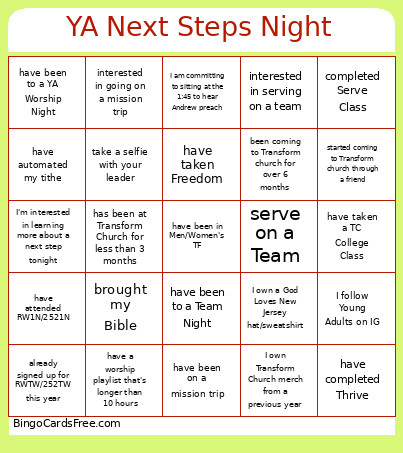 YA Next Steps Night Bingo Card