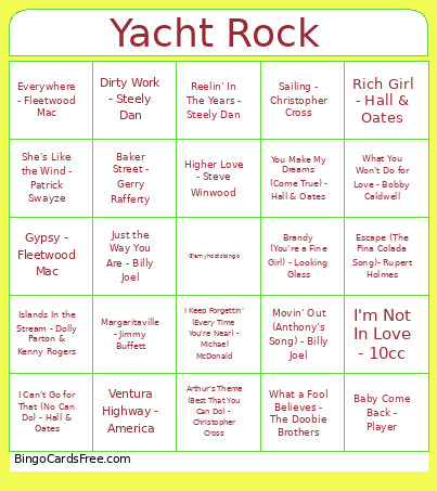 Yacht Rock Bingo Card