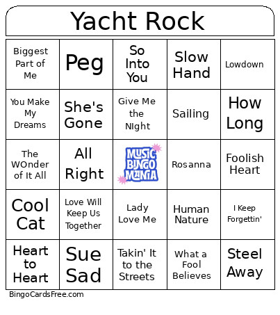 Yacht Rock Bingo Card