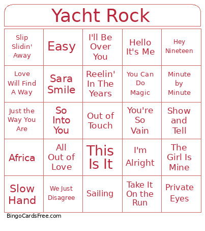 Yacht Rock Bingo Card