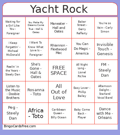 Yacht Rock Bingo Card