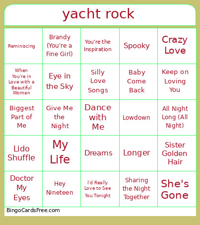 Yacht Rock Bingo Card