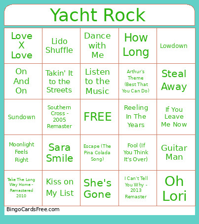 Yacht Rock Bingo Card