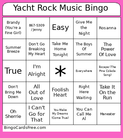 Yacht Rock Music Bingo Card