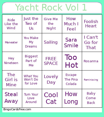 Yacht Rock Vol 1 Bingo Card