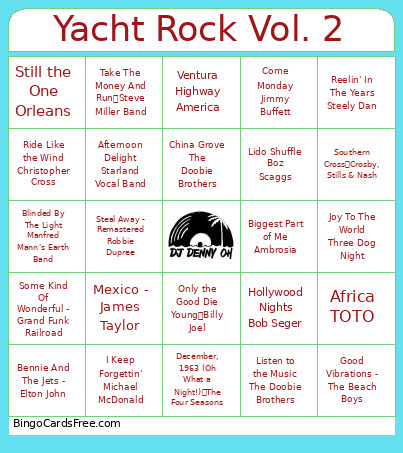 Yacht Rock Vol. 2 Bingo Card