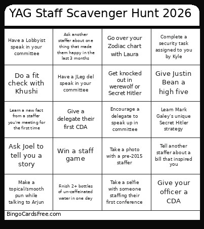YAG Staff Scavenger Hunt 2026 Bingo Card