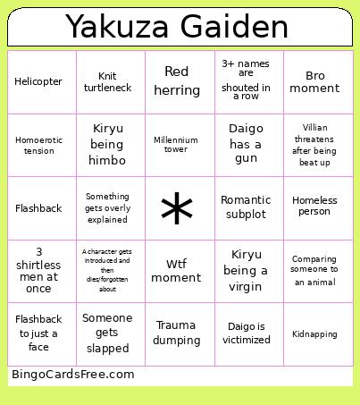 Yakuza Gaiden Bingo Card