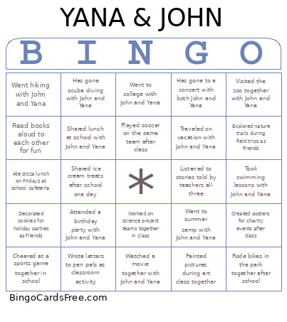 Yana And John Bingo Card