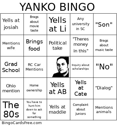 Yanko Bingo Card