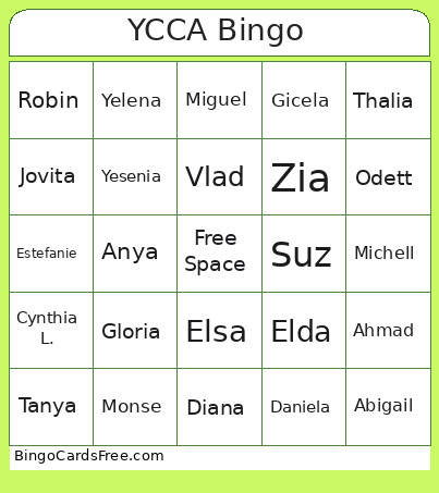 YCCA Bingo Card