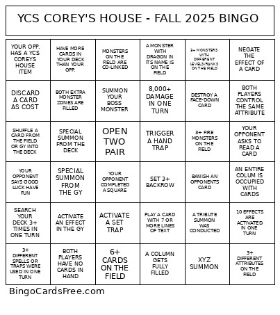 YCS COREY'S HOUSE - FALL 2025 Bingo Card