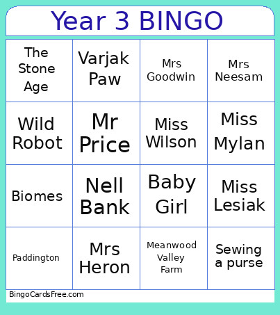 Year 3 Bingo Card