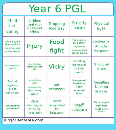Year 6 PGL trip Bingo