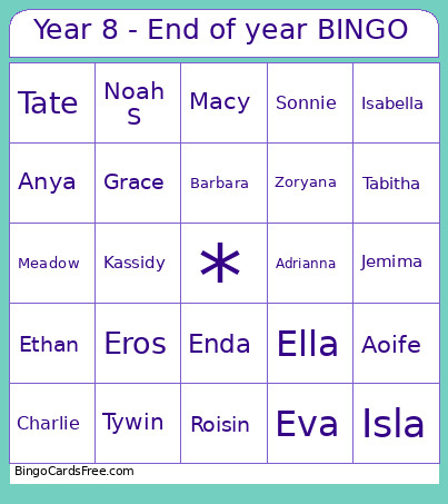Year 8 - End Of Year Bingo Card