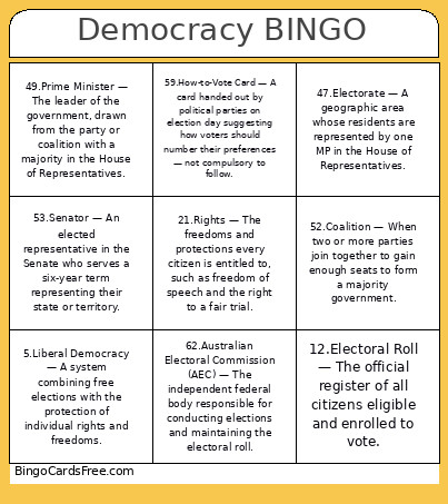 Year 9 Democracy Bingo Card