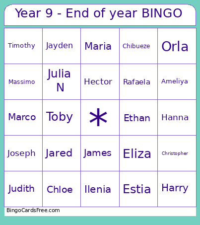 Year 9 - End Of Year Bingo Card
