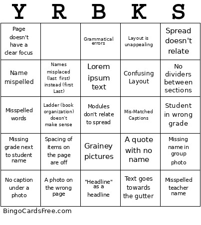 Yearbook Oopsies Bingo Card