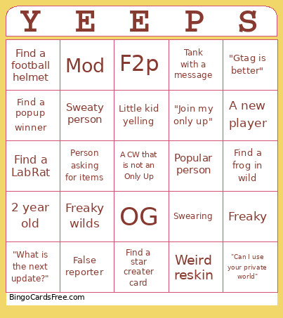 Yeeps Bingo Card