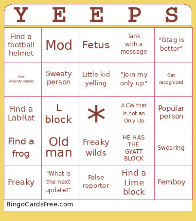 Yeeps Bingo Card