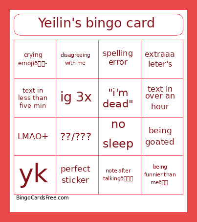 Yeilin's Bingo Card