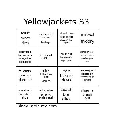 yj s3 Bingo Cards Free Pdf Printable Game, Title: Yellowjackets S3