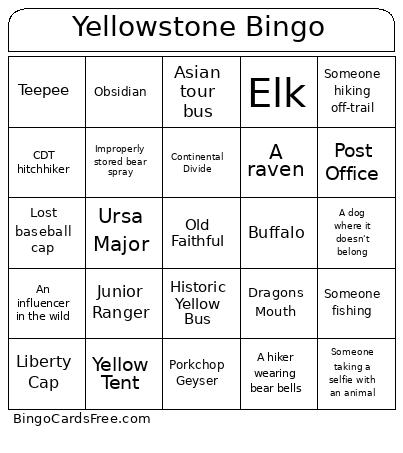 Yellowstone Bingo Card